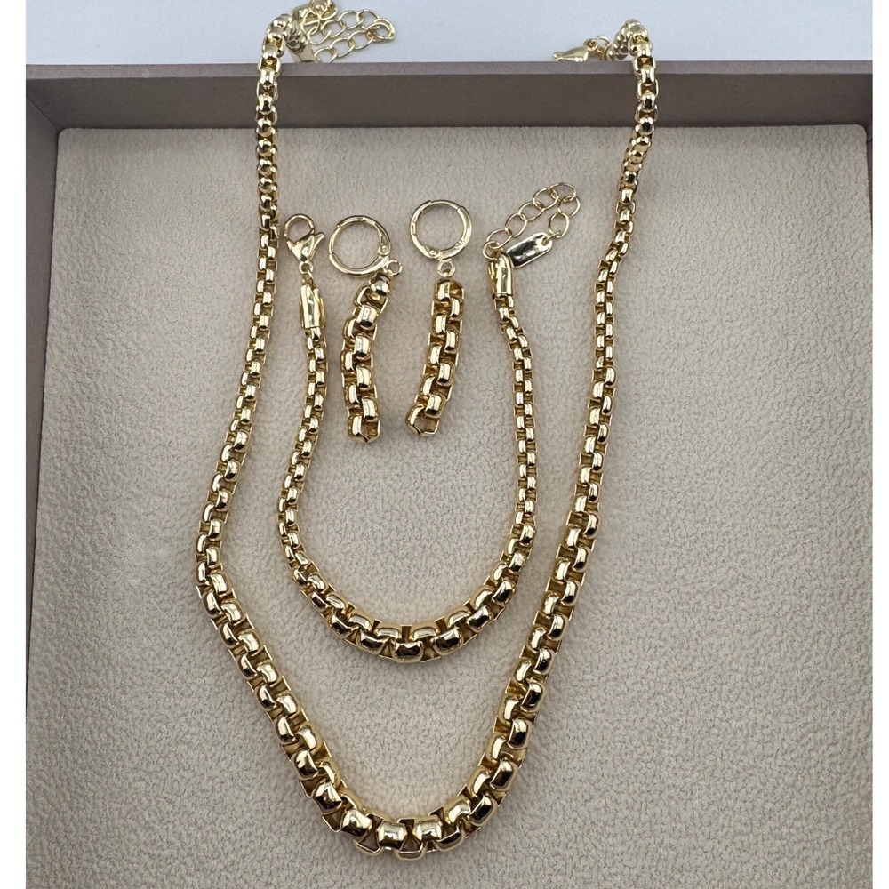 Gold Tone Box Link Jewelry Set Necklace Bracelet Huggie Earrings 3 Piece Set